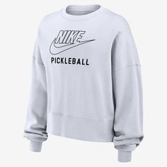 It's your game. Make sure everyone knows in this Nike fleece sweatshirt. Smooth on the outside, slightly fuzzy on the inside, our midweight semi-brushed fleece helps keep you cozy while still being breezy. White Sports Sweatshirt With Logo Print, Nike Volleyball Crewneck, Crew Neck Tennis Sweatshirt For Sports Season, Tennis Crewneck Sweatshirt, Cheap Crew Neck T-shirt For Pickleball, Nike Tennis, Nike Fleece, Womens Tennis, Women Lifestyle