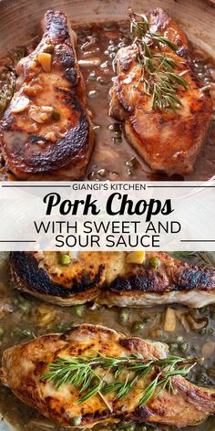 pork chops with sweet and sour sauce in a skillet on the stove top