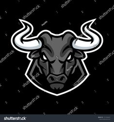 the bull's head with long horns on a black background logo for sports team