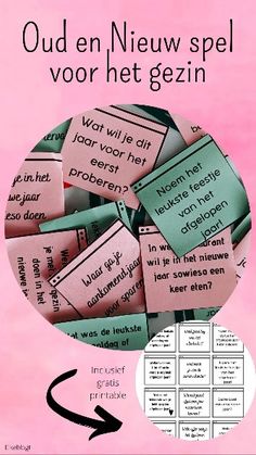 a pink poster with some words in the middle and an arrow pointing to it that says oud en nieuw spel voor het gezn