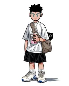 a young boy with black hair and white shirt holding a drink in his hand while standing next to a cat