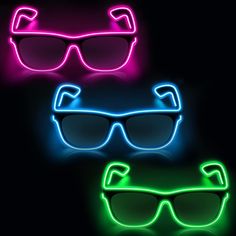 three neon glasses with different shades on them