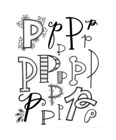 the letter p is made up of letters and numbers in black ink on a white background