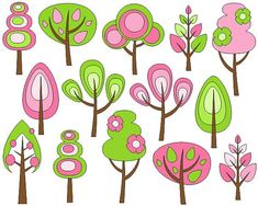 trees with pink and green leaves are shown in this drawing technique, which is easy to draw