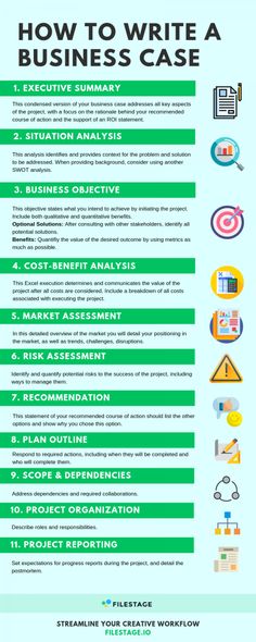 how to write a business case info sheet with the text on it and icons in green