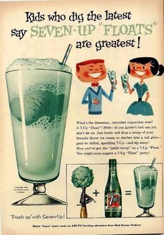 an old ad for seven - up floats with two people drinking and one holding a cell phone