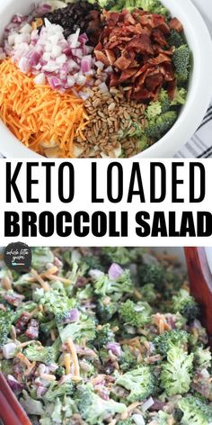 keto loaded broccoli salad in a white bowl with red chopsticks