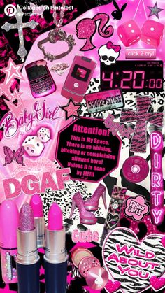 pink and black wallpaper with various items on it