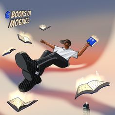 a man flying through the air while holding a book in his hand and books floating around him