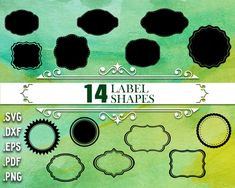 a set of four different frames and labels on a green watercolor background with the words label shapes