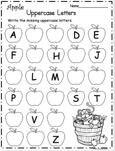 an uppercase letter worksheet with apples in the basket and letters on it