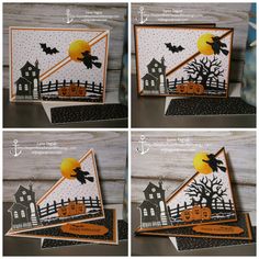 four pictures showing the steps to make a halloween card