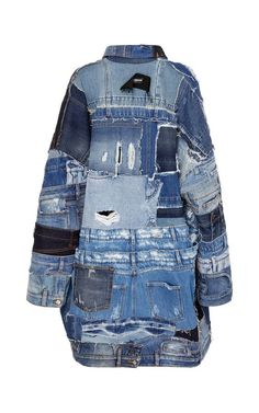 a blue jean jacket with patches on the front and back, all in different colors