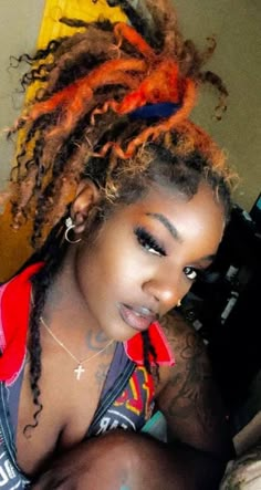 Colored Loc Styles, Dye Locs Black Women, Dyed Dreads Black Women, Loc Color Ideas Black Women, Hair Dyed Natural, Colored Locs Black Women, Locs Color Ideas Black Women, Curly Hairstyles For Girls, Colorful Locs