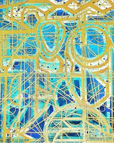 an abstract painting in blue and yellow with circles on the bottom right hand corner, surrounded by smaller overlapping lines