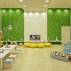 a child's playroom with toys and decor on the walls, flooring