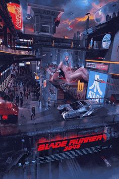 a movie poster for blade runner 2013 with people walking around the scene and cars parked on the street