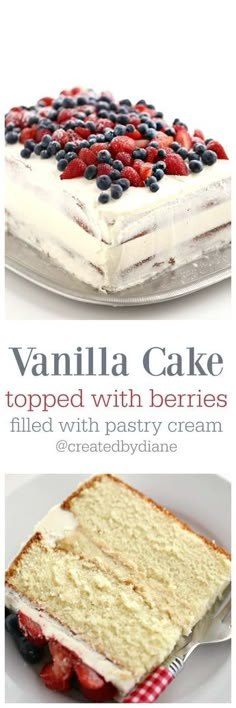 vanilla cake topped with berries and served with pastry cream or creme @ createdbyname