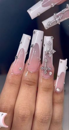 Classy Baddie Nails White, White Boujee Nails, Bougie Nails Acrylic, 22nd Birthday Nail Ideas, White Nails With Bling, Dope Nail Designs Swag, Dramatic Nails Designs, French Tip With Charms, White Baddie Nails