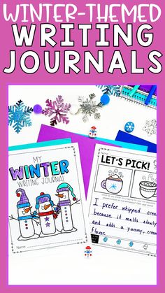 winter themed writing journals for kids with snowflakes and other items in the background