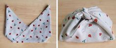 two pictures showing how to fold an origami bag with the same pattern as it is folded