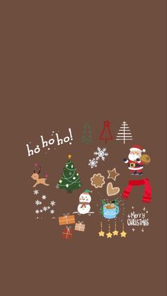 an image of christmas wallpaper with santa and other holiday related items on brown background