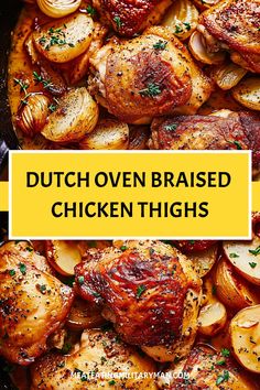 Easy Dutch Oven Braised Chicken Thighs Recipe Dutch Oven Chicken Potatoes And Carrots, Best Dutch Oven Chicken Recipes, Chicken Thigh Recipes In Dutch Oven, Braised Chicken Leg Quarters, Asian Dutch Oven Recipes, French Dutch Oven Recipes, Chicken Thigh In Dutch Oven, Chicken Thigh Roast, Thanksgiving Dutch Oven Recipes