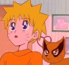 an anime character with blonde hair and blue eyes next to a cat in a room