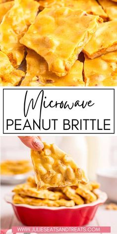 a close up of a plate of crackers with the words microwave peanut brittle on it