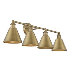 three light brass finish bathroom fixture with an adjustable arm and four shades on each side