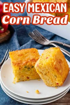 two cornbreads on a white plate with the words easy mexican corn bread over it