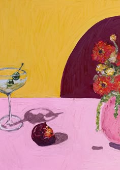 a painting of flowers in a pink vase next to a martini glass and fruit on a table