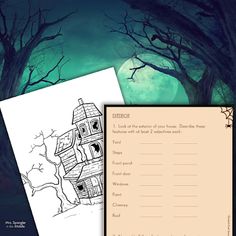 two halloween themed worksheets with an image of a house in the woods