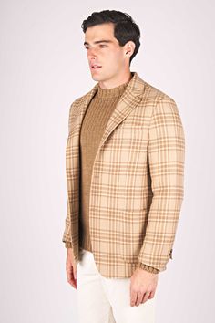 Crafted from luxurious pure camel wool. This single-breasted jacket features a refined plaid pattern, offering a perfect blend of sophistication and modern flair. The unstructured design ensures a comfortable fit, making it ideal for both casual and formal occasions. With its timeless elegance and superior craftsmanship, this jacket is a versatile addition to any wardrobe. Classic Plaid Outerwear With Welt Pockets, Classic Plaid Outerwear For Business Casual, Timeless Plaid Outerwear For Business Casual, Timeless Plaid Business Casual Outerwear, Timeless Plaid Outerwear With Welt Pockets, Classic Plaid Outerwear With Lapel Collar, Tailored Timeless Plaid Outerwear, Luxury Plaid Outerwear For Business, Beige Wool Business Blazer