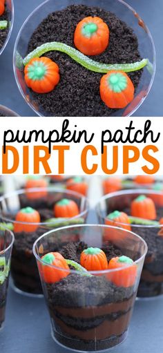 pumpkin patch dirt cups for halloween desserts with chocolate cake in the middle and candy on top