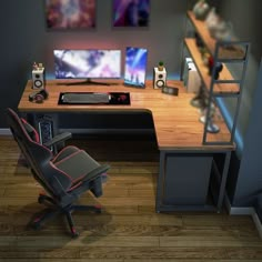 a computer desk with two monitors and a chair in front of it on top of a hard wood floor