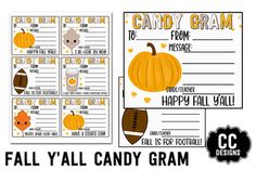 a printable fall'y'all candy gramm game with pumpkins and football balls