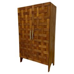 a wooden cabinet with two doors and handles