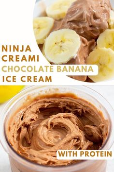 chocolate banana ice cream in a plastic container with peanut butter and bananas on the side