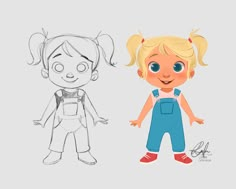 two children's drawings, one in overalls and the other in overalls