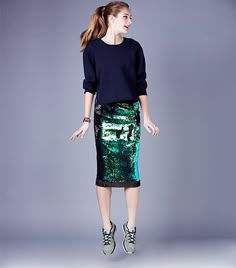 @Alexandra M What Wear - Sequin skirts don’t have to be synonymous with disco balls and American Hustle. Create a model-off-duty look by adding a slouchy knit top and colorful sneakers. Rodebjer Baluster Sparkle Skirt ($350); J Brand Jill Sweater ($395) in Duke; Vita Fede Mini Titan Bracelet ($225) in Silver; Dezso by Sara Beltrán Silver Andara Shark Tooth on Mexican Bracelet ($115); Dezso by Sara Beltrán Silver Andara Shell on Mexican Bracelet ($55); Nike Flyknit Lunar1+ Women’s Running Shoes ( Green Midi Skirt, 2014 Fashion Trends, Sequin Outfit