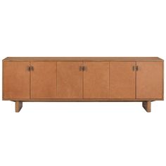 the sideboard is made from wood and has two doors on each side, one door open