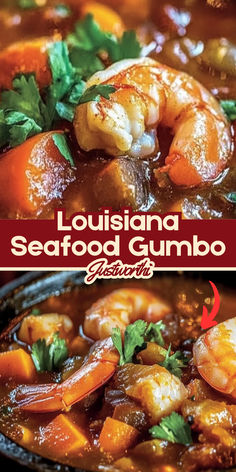 the cover of louisiana seafood gumbo with shrimp and carrots in a red sauce