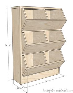 a wooden bookcase with measurements for the bottom shelf