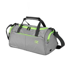 a grey duffel bag with neon green accents