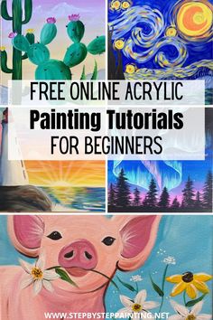 four pictures with the words free online acrylic painting tutors for beginners