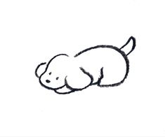 a black and white drawing of a dog laying on its back with it's head down