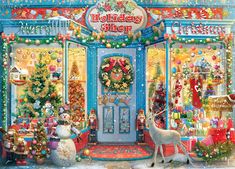 a christmas shop with snowmen and other holiday decorations on the front door is shown in this jigsaw puzzle