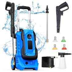 an electric pressure washer with various accessories