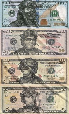 three different bills with the same image on them, one has a man's face and